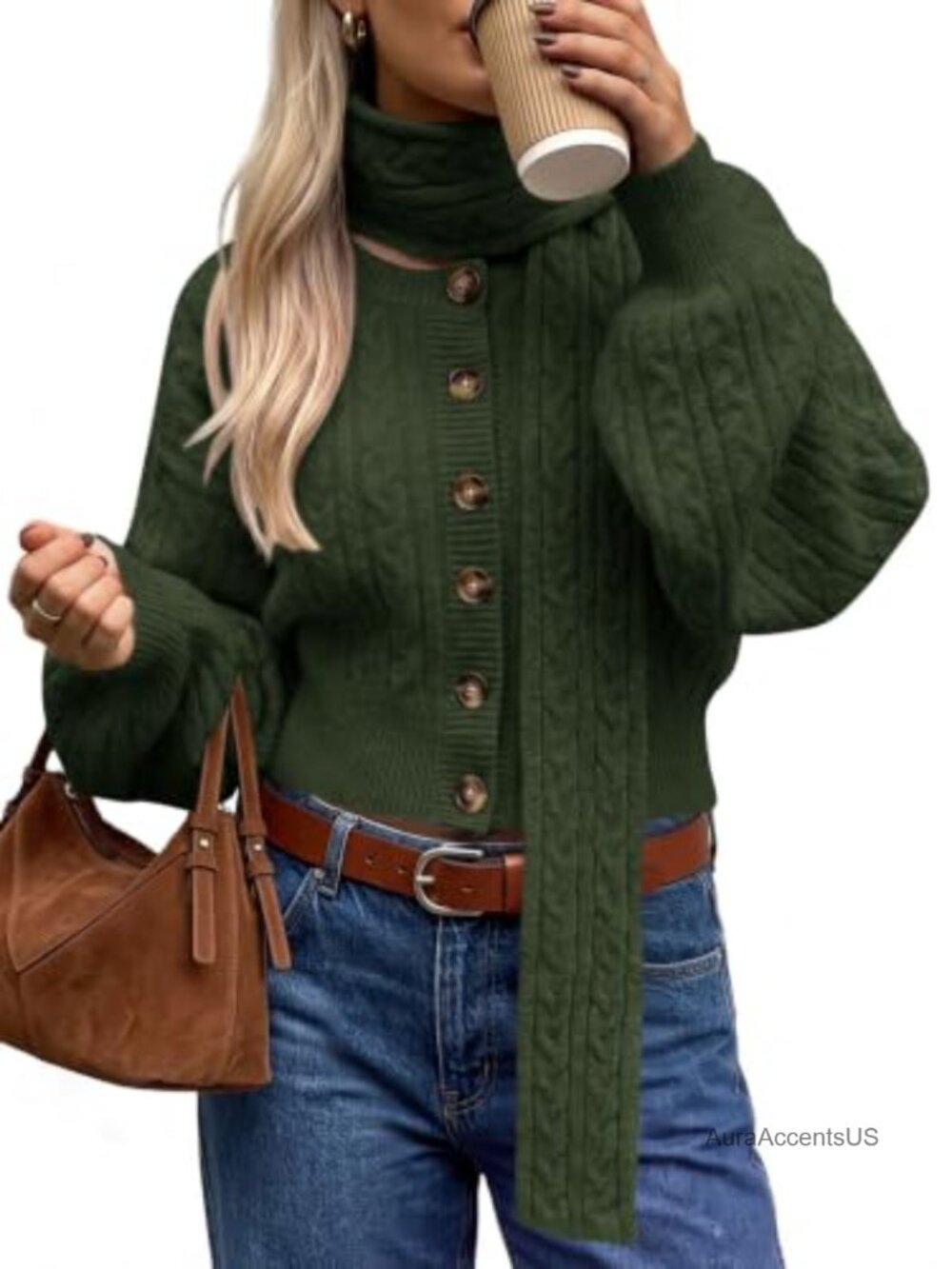 Women's Cable Knit Button Up Cropped Cardigan Sweater with Scarf Long Sleeve